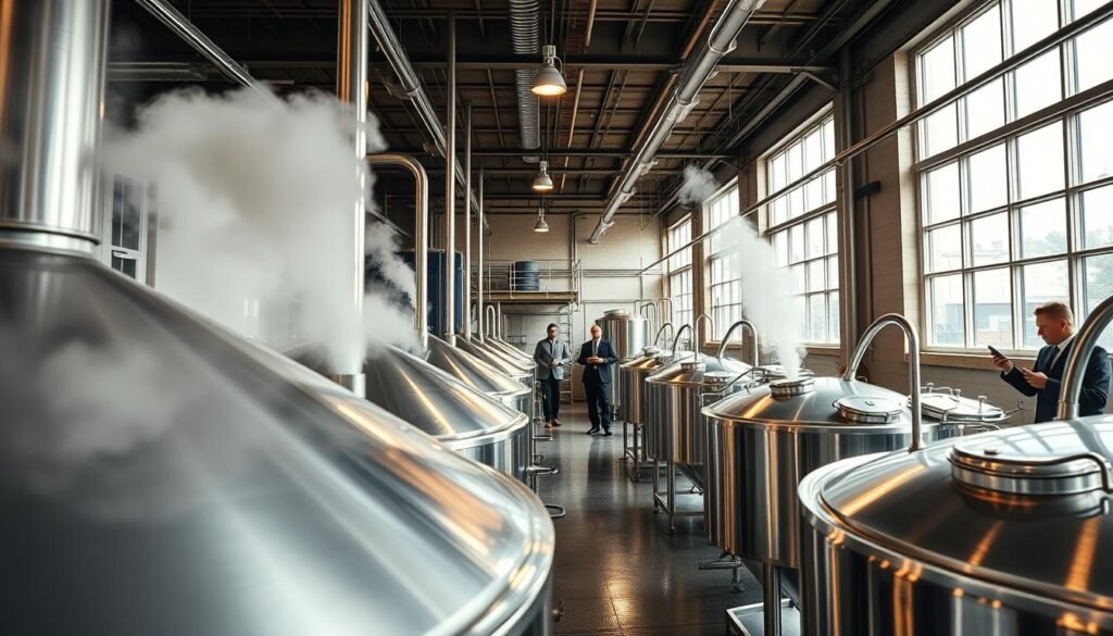 A vibrant, detailed production facility of Anheuser-Busch in St. Louis, portraying the Michelob Ultra brewing process. In the foreground, include sturdy brewing tanks polished to a shine, with steam gently rising, reflecting the meticulous brewing process. In the middle ground, capture workers in professional business attire, focused on their tasks, showcasing teamwork and dedication to quality. The background should feature large windows allowing natural light to pour in, illuminating the space and creating a warm, inviting atmosphere. Use a wide-angle lens to highlight the scale of the operation while ensuring a clear perspective. The overall mood should convey pride and professionalism, emphasizing the importance of Anheuser-Busch in producing Michelob Ultra.