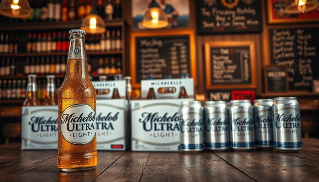 A vibrant display of Michelob Ultra Light Beer bottles and cans, elegantly arranged on a rustic wooden table in a warm, inviting pub setting. In the foreground, a chilled bottle of Michelob Ultra is prominently featured, condensation glistening in the soft, ambient light. The middle ground features an assortment of six-packs and individual cans, showcasing their crisp design and logo. In the background, softly blurred, are shelves stocked with various beers and a chalkboard with pricing details subtly visible, enhancing the atmosphere without distracting from the main subject. The lighting is warm and welcoming, with a focus on creating a relaxed, social vibe, ideal for enjoying a refreshing beer.