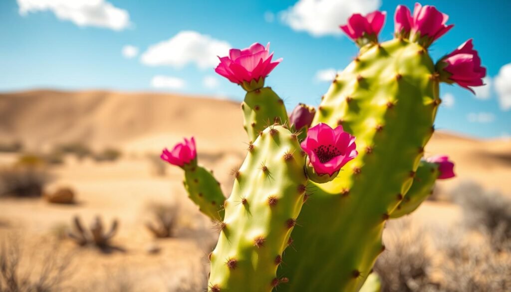 A vibrant lime prickly pear cactus with its distinctive bright green pads and stunning, fuchsia flowers is displayed prominently in the foreground, showcasing the intricate details of its spines. In the middle ground, a soft, blurred landscape of a sunlit desert creates a warm atmosphere, with the golden tones of the sand contrasting against the vivid colors of the cactus. The background features a clear blue sky dotted with a few fluffy white clouds. The scene is bathed in natural sunlight, casting gentle shadows that enhance the texture of the cactus. The overall mood is refreshing and lively, capturing the essence of the new fruit infusion flavors described in the article. The composition is shot from a low angle, emphasizing the cactus's height and the beauty of its environment.