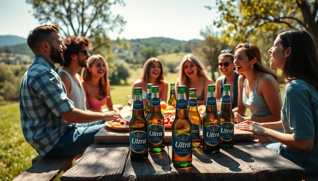 A vibrant outdoor scene capturing the essence of a Michelob Ultra lifestyle. In the foreground, a group of young adults dressed in stylish, modest casual clothing, enjoying a sunny day at a picnic. They are gathered around a rustic wooden table adorned with fresh fruits, snacks, and several Michelob Ultra bottles. In the middle ground, a lush green park with trees and a gentle breeze creating a relaxed atmosphere. The group is laughing and engaging in friendly conversation, embodying a healthy and adventurous lifestyle. The background features distant hills and a clear blue sky. Soft, warm lighting enhances the cheerful mood, while a shallow depth of field focuses on the foreground interaction, conveying the spirit of community and wellness associated with the brand.