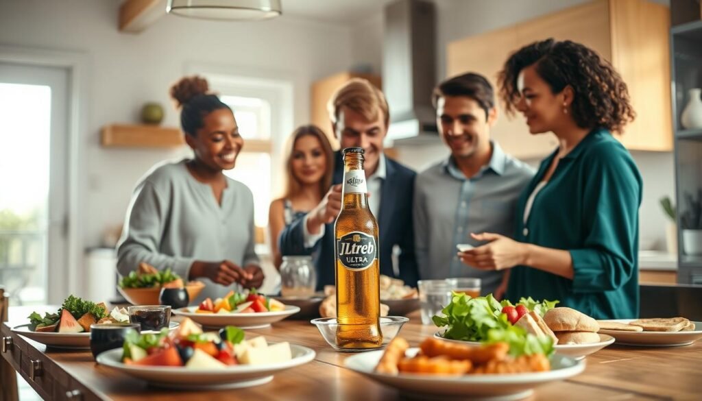 A vibrant, well-lit kitchen scene showcasing a diverse group of adults enjoying a brunch gathering, focused on gluten-free food options. In the foreground, a wooden table is laden with gluten-free dishes, including salads, fresh fruits, and bread alternatives. In the middle, a diverse trio of friends, dressed in professional casual attire, are discussing and examining a Michelob Ultra bottle, with a look of curiosity and care. The background features a bright window with natural light streaming in, adding a warm and inviting atmosphere. Soft shadows enhance the depth of the scene, emphasizing a sense of safety and togetherness for those with celiac disease, conveying the message of gluten-free living.