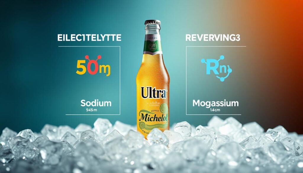 A visually appealing display of electrolytes per serving is prominently featured in the foreground, depicted through a sleek and modern infographic style. The image includes vibrant, colorful representations of essential micronutrients such as sodium, potassium, and magnesium, with each element clearly labeled and showcasing their molecular structures. In the middle ground, a stylish bottle of Michelob Ultra sits elegantly, surrounded by ice, emphasizing its refreshing nature. The background features a soft gradient of blues and greens, evoking a sense of freshness and vitality. Warm, natural lighting creates a bright and inviting atmosphere, while a shallow depth of field brings focus to the electrolyte details. The angle is slightly elevated, providing an informative view that invites the viewer to explore the nutritional content.
