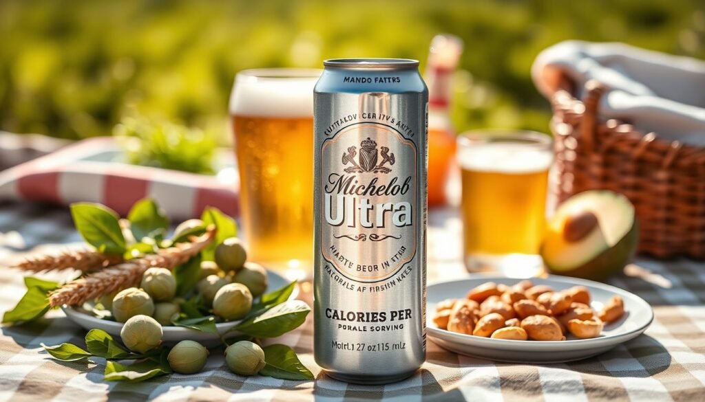 A visually appealing flat lay image showcasing a Michelob Ultra beer can surrounded by refreshing elements that symbolize its nutritional profile. In the foreground, place the can prominently, with a crisp, cool glass of beer beside it filled to a frothy top. The middle layer features an elegant arrangement of fresh ingredients like hops and barley, along with a minimalistic plate displaying a portion of healthy snacks like nuts or pretzels. The background should be softly blurred, showing a sunlit outdoor picnic setting, casting a warm, inviting glow. Use natural lighting to emphasize the fresh and vibrant colors. Capture the image from a slight overhead angle to create depth and maintain focus on the can, evoking a relaxed yet informative atmosphere about calories per serving and nutritional details.