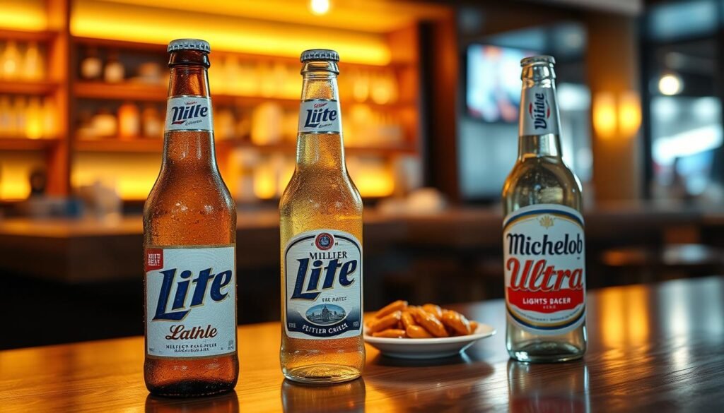 A visually appealing image showcasing two light beer bottles, Miller Lite and Michelob Ultra, prominently in the foreground. The bottles should be chilled with droplets of condensation, reflecting the bright overhead lighting. In the middle ground, display a sleek wooden table with a small plate of light snacks, such as pretzels and nuts, adding to the context of casual enjoyment. The background features a soft-focus bar setting, illuminated by warm, inviting golden tones, hinting at a social atmosphere. The angle of the shot should be slightly tilted, emphasizing the bottles while keeping the snacks and bar softly in view. The overall mood should convey a relaxed yet sophisticated vibe, suitable for a reader interested in nutritional breakdowns and ingredient profiles in light beers.