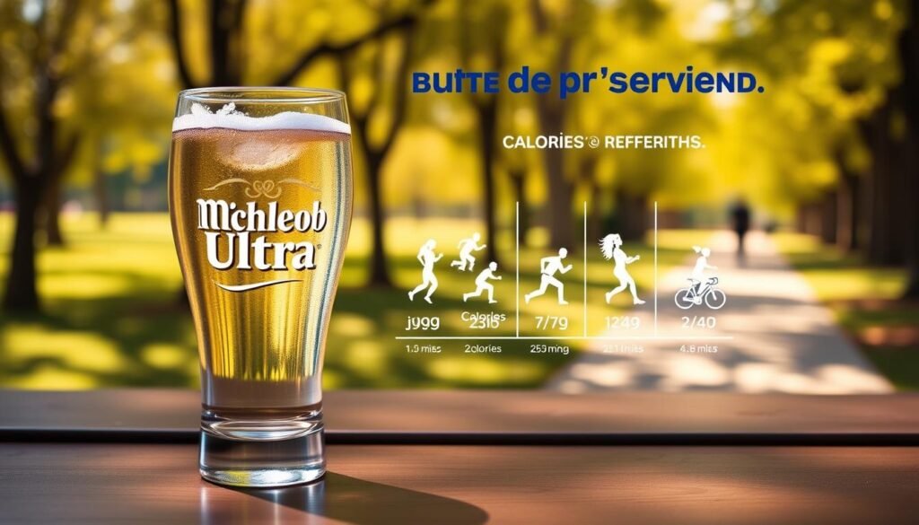A visually engaging illustration depicting the concept of calories burned per serving, specifically related to Michelob Ultra. In the foreground, a clear glass of Michelob Ultra sits on a wooden table, with light reflecting off the glass to create a refreshing ambiance. In the middle, a vibrant infographic showcases various physical activities, such as jogging and cycling, along with corresponding calorie burn values illustrated in an easy-to-read format. The background features a sunny park scene with trees and a path, suggesting an active lifestyle. The lighting is warm and inviting, enhancing the overall mood of health and well-being. The angle is slightly elevated, giving a comprehensive view of the glass and the infographic. The composition is balanced and harmonious, suitable for an informative yet visual display.