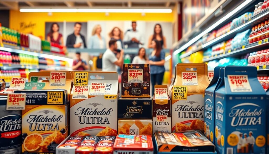 A visually striking composition showcasing a variety of beverage packs with prominent discounts and savings highlighted, creating an inviting grocery shelf display. In the foreground, focus on an assortment of colorful beer and beverage packs, prominently featuring Michelob Ultra along with other brands, all adorned with visible "Rebate Offer" tags. The middle ground should depict a clean supermarket aisle, with bright, warm lighting that enhances the freshness of the products. In the background, subtle images of happy consumers exploring beverage options can be seen, symbolizing satisfaction and savings. Capture the scene from a slightly elevated angle, providing a comprehensive view, and maintain a cheerful, positive atmosphere that resonates with the theme of exploring additional beverage savings. The overall vibrancy should invite viewers to consider their options without any text or distractions.