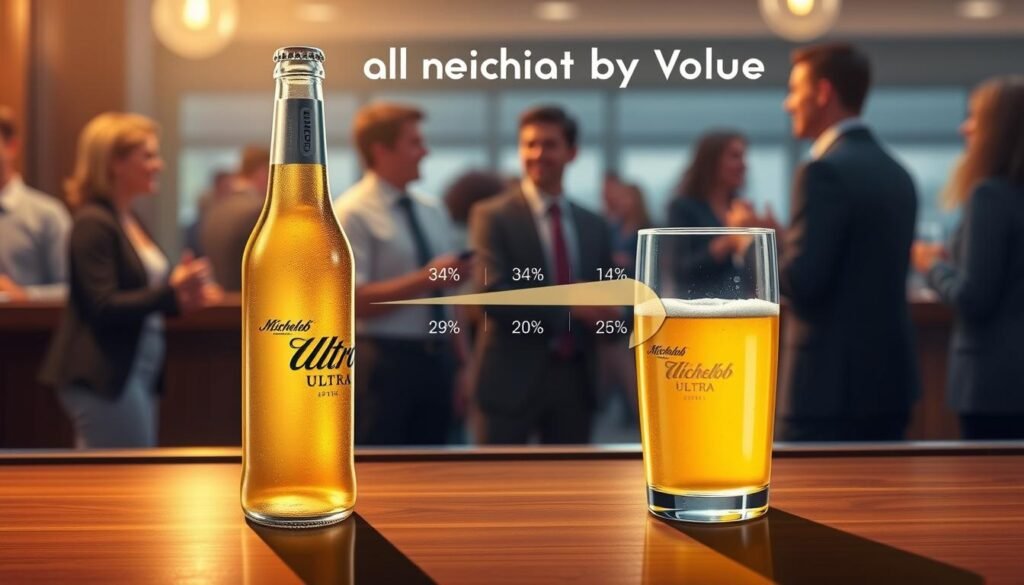A visually striking illustration depicting the "Impact of Alcohol by Volume" with a focus on Michelob Ultra. In the foreground, a sleek chilled bottle of Michelob Ultra rests on a wooden bar counter, illuminated by soft, warm lighting that creates a cozy mood. Nearby, a half-full glass reveals the light golden beer, with condensation glistening on the outside. The middle ground features a subtle infographic overlay, showcasing a gradient scale of alcohol by volume percentages, merging seamlessly with the scene. In the background, blurred figures of people in business casual attire engage in conversation and laughter, hinting at social interactions influenced by beverage choices. The overall atmosphere is lively yet sophisticated, emphasizing responsible consumption in a relaxed setting, captured from a slightly elevated angle, with a focus on clarity and warmth in the lighting.