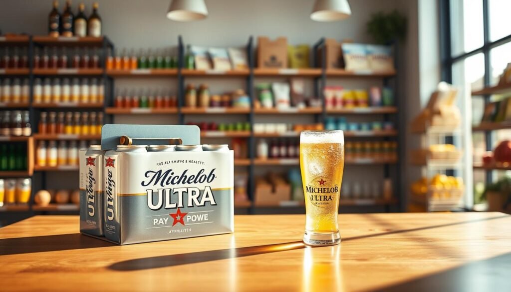 A visually striking image of a Michelob Ultra 24-pack elegantly arranged in a modern, bright space. In the foreground, the 24-pack is prominently displayed, illuminated by warm, natural light that highlights the sleek, athletic design of the beer cans. In the middle ground, a wooden table shows a few refreshing glasses of Michelob Ultra, condensation glistening on the glass, creating an inviting atmosphere. In the background, shelves filled with various beverage options and healthy snacks suggest convenience, accentuating the theme of easy shipping and pickup. The overall ambiance is bright, cheerful, and energizing, evoking a sense of enjoyment and accessibility, captured with a slightly blurred background to focus on the product, mimicking a shallow depth of field photography.