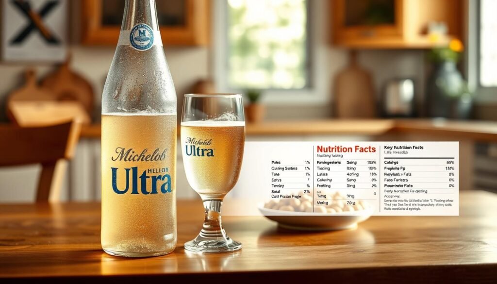 An artistic and informative depiction of Michelob Ultra beer and its nutritional contents. In the foreground, a tall, frosted Michelob Ultra bottle with condensation is showcased on a wooden table, emphasizing its refreshing nature. Next to the bottle, a clear glass filled with the pale, golden beer contrasts with a small plate of nuts symbolizing light snacks. In the middle ground, a neatly arranged layout featuring key ingredient labels and a nutritional facts chart subtly underlies the bottle and glass, making it informative yet visually appealing. The background is softly blurred, showing a cozy, well-lit kitchen setting with warm wooden tones, creating an inviting atmosphere. Soft, natural light filters in, highlighting the textures of the ingredients and the beer's refreshing clarity, conveying a sense of health and vitality.